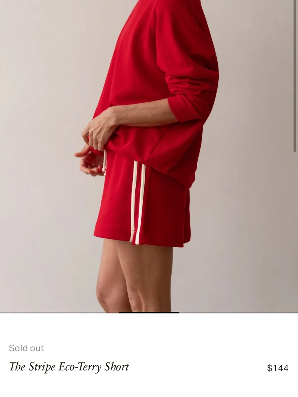 DONNI. Eco-Terry Striped Shorts in red bell pepper size small